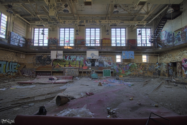 Gymnasium Inside the Abandoned Horace Mann High School in Gary Indiana 