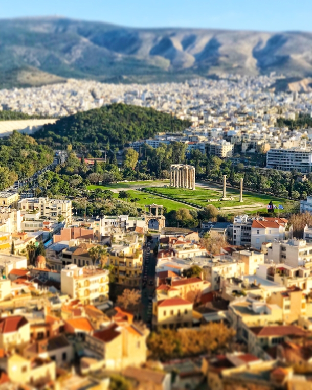 Hadrians arch and the Temple of Olympian Zeus as seen from the acropolis in Athens Greece