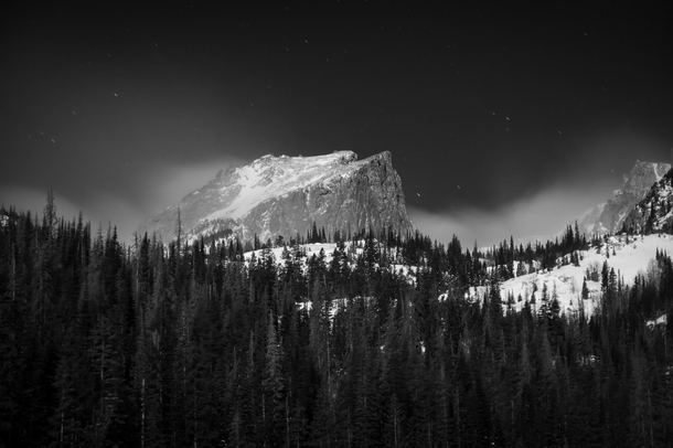 Hallett Peak in Rocky Mountain National Park under the full moon on Friday night I first went to Dream Lake but the winds were too strong to photograph so headed down to Bear Lake where they were still strong I setup behind a boulder with just the camera 