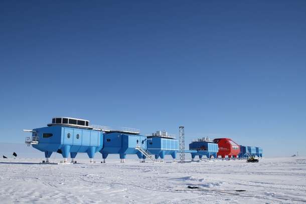 Halley VI Research Station Antarctica jacked up on legs to keep it above the accumulation of snow  skis on the bottom of these legs which allows the building to be relocated periodically 