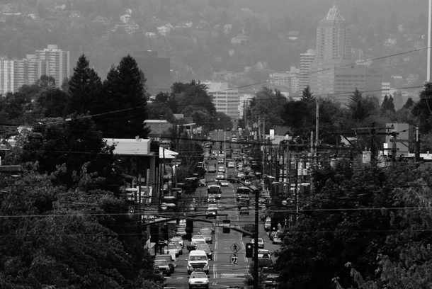 Hawthorne Street Portland OR with downtown looming in the background 