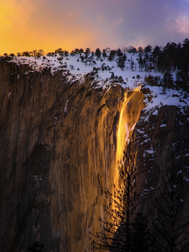 Heard we are doing Fire Fall at Yosemite today I got lucky enough to catch the sky lighting up almost as much as the falls If you can make sure you go see this at least once 