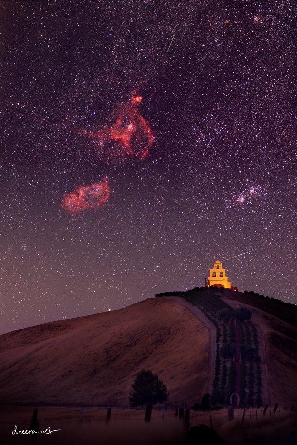 Heart and Soul Nebulas Double Cluster and  Perseids rising over a cute chapel in California 