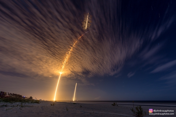 Heres my long exposure photograph of the Falcon  CRS- launch and first stage landing 