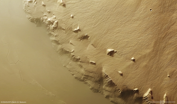 High-resolution view of southeast Olympus Mons flanks showing extensive networks of narrow overlapping lava flows taken by ESAs Mars Express on  January  