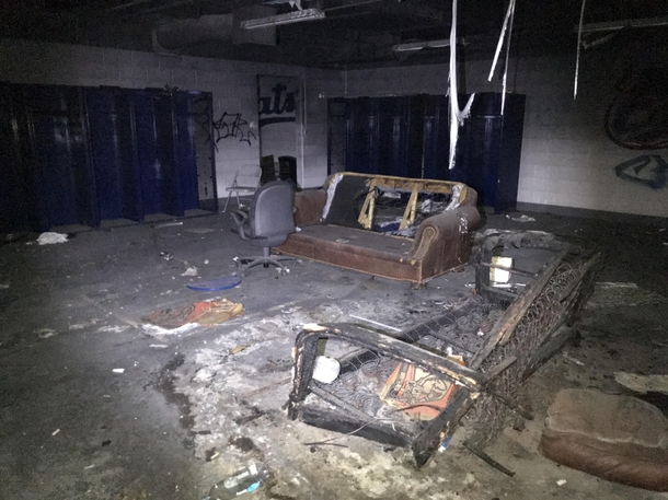 Home clubhouse in abandoned baseball stadium