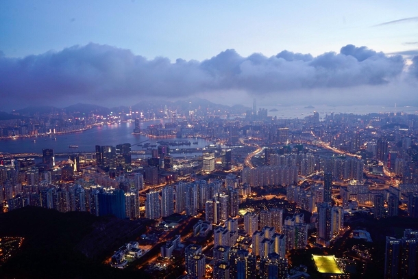 Hong Kong after the sun sets and city lights start to turn on