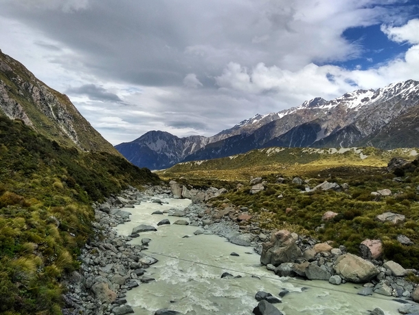 Hooker River looking south down the Hooker Valley AorakiMt Cook National Park New Zealand 