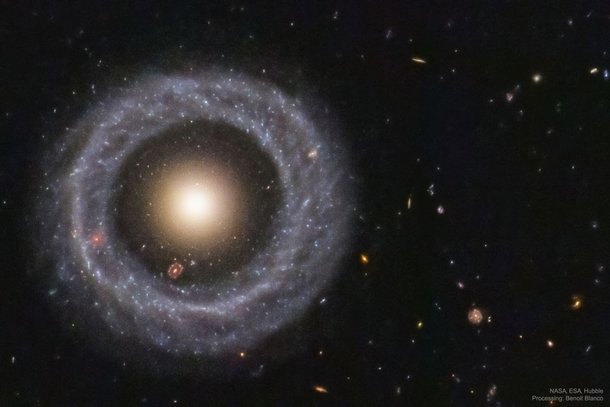 Hubble image of Hoags object  a galaxy within a galaxy within a galaxy and nobody knows why