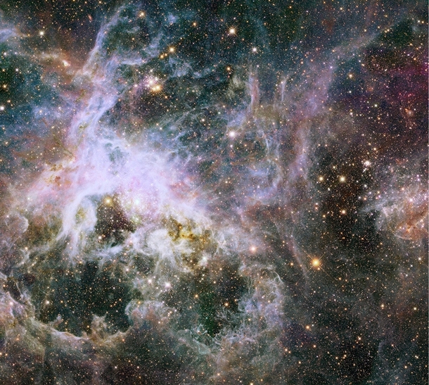 Hubbles picture of the Tarantula Nebula and its approximately  stars 