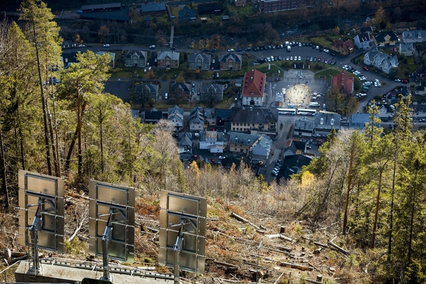 Huge sun mirrors Solspeilet set up on the hillside above Rjukan Norway to reflect sunlight down on the town square to bring natural light to their remote village enveloped in darkness for half the year 