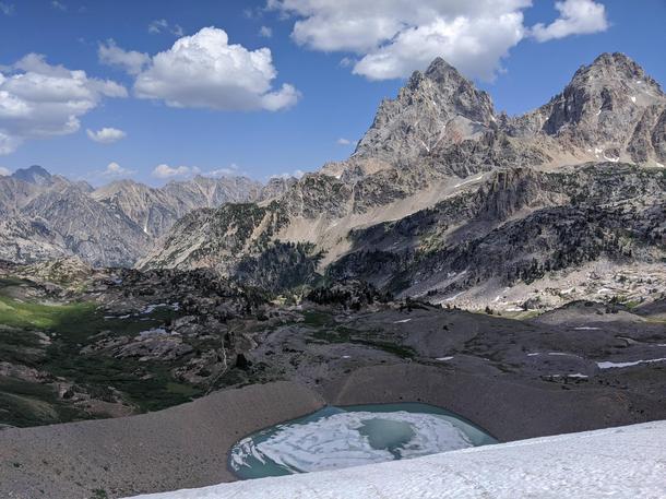 Hurricane Pass Grand Tetons National Park Grand Teton and Middle Teton with the Schoolroom Glacier at the bottom 