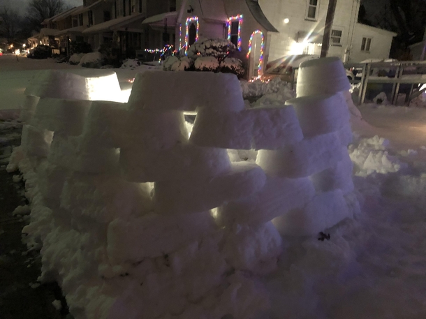 I got a heartwarming amount of love for my snow fort Thank you Its a joy to find so many others who share my urge to build a cozy little nest to hang out in Heres a better picture of it from the sidewalk 