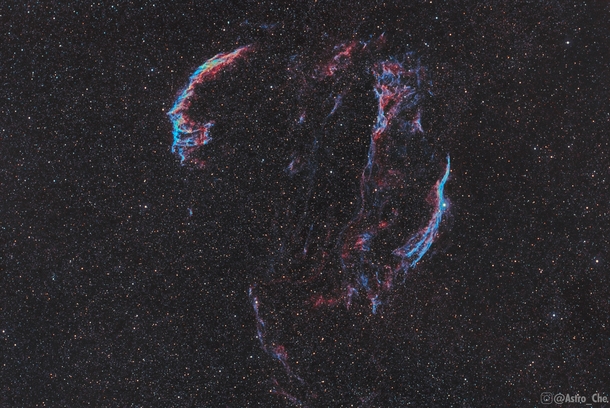 I photographed the Veil nebula which formed  when a star exploded at the end of its life It is currently expanding at  Million KmH