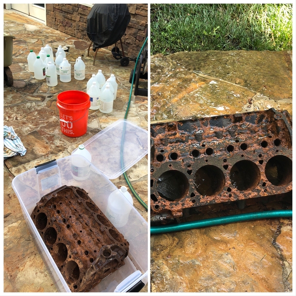 I took my engine that I posted a couple days ago out from the vinegar and hosed it off This is the beforeafter result Also I did some digging and found that its a  Ford Fairlane engine