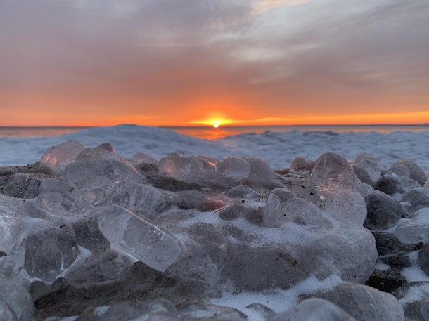 Ice gathers in winter on Lake Superior Michigan