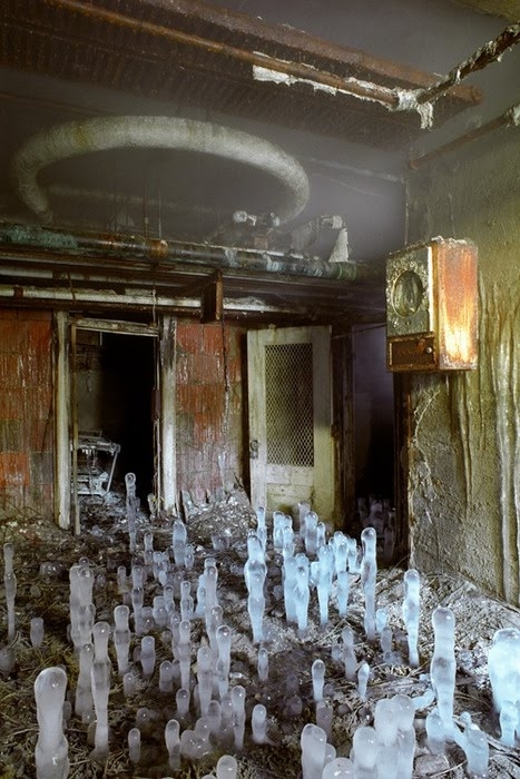 Ice stalagmites in the basement of Greystone Park State Hospital in New Jersey 