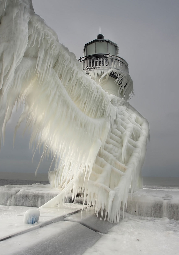 Icy lighthouse from Lake Michigan