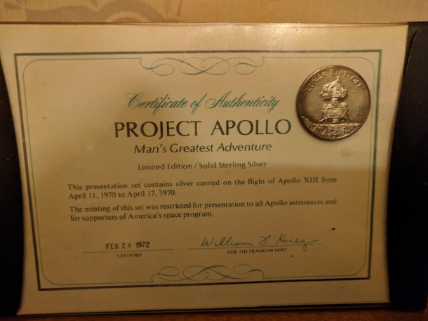 If not appropriate mods please remove This medal given to astronauts families and supporters of Americas space program The medal contains silver flown on Apollo  verified by Christies as genuine as there are fakes