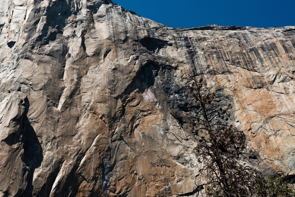 If you zoom into the greyed out portion near the center of the image you can see a pair of climbers halfway up the  Southwest face of El Capitan Yosemite National Park California 