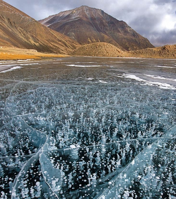 In Leh-Ladakh when temperatures plunge by more than  degrees centigrade within minutes a lake takes on an other-worldly appearance The sudden freeze cracks ice several feet deep and suspends air-bubbles mid-way to the surface  Courtesy Sankar Sridhar 