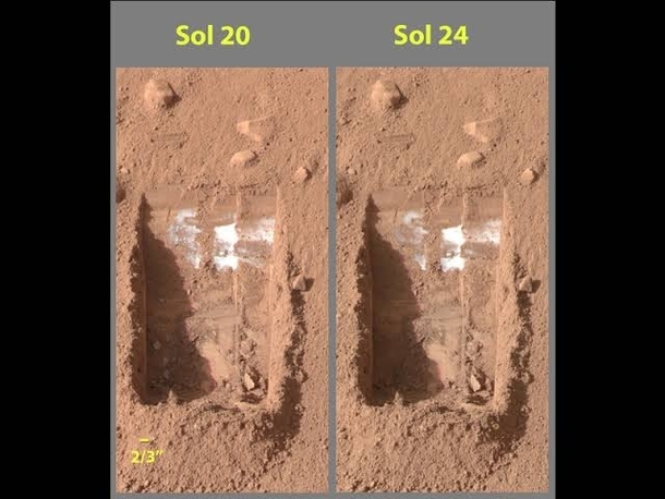 In  Phoenix Mars lander confirmed the presence of frozen water lurking below the Martian permafrost Evidence of ice in Mars north pole region has been largely circumstantial before  chunks of bright material on the shadowed area seen on Sol  had vaporized