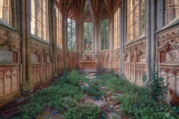 Inside an abandoned and overgrown church  Photographed by Johnny Wasted