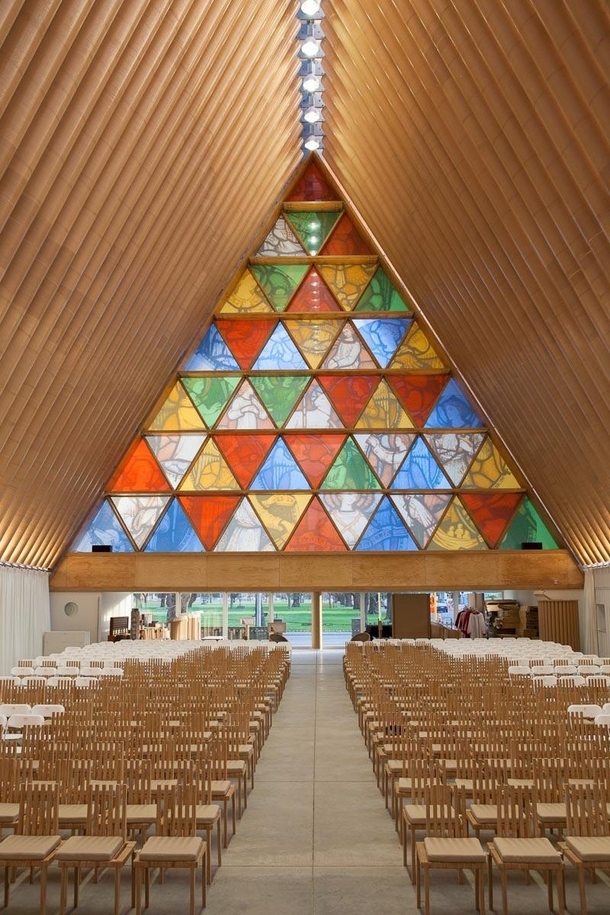 Inside the Transitional cardboard Cathedral Christchurch in New Zealand