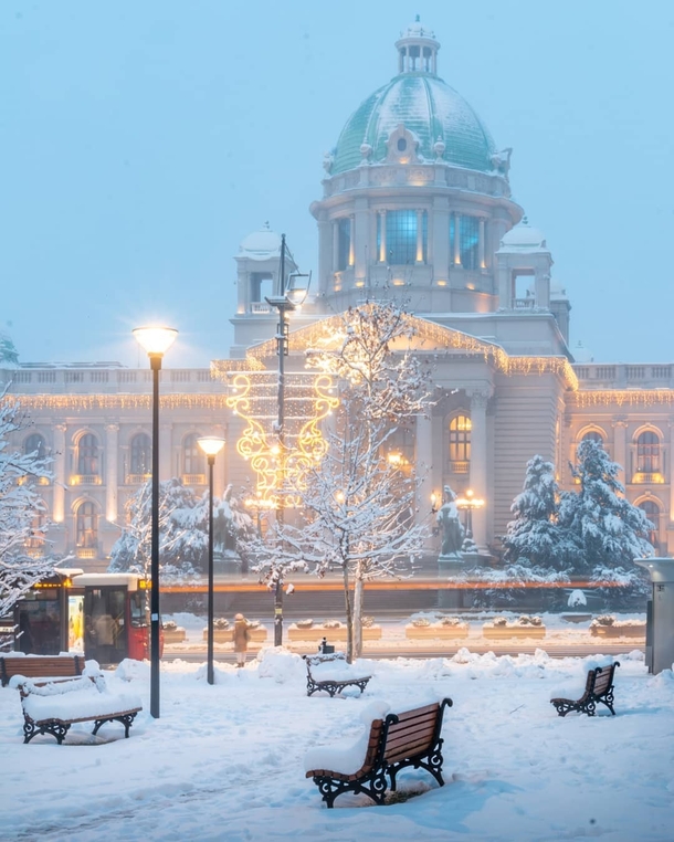 Its chilly in front of the Parliament building in Belgrade