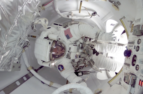 James F Reilly during for the first space walk utilizing the Quest airlock in July  