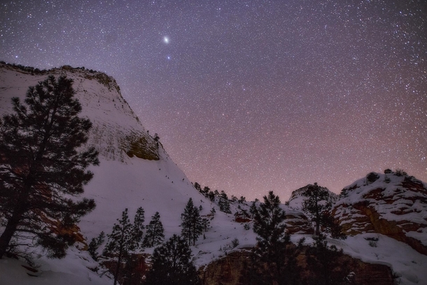 Jupiter and Stars over a snowy Zion National Park 