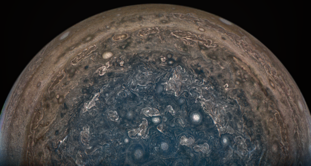 Jupiters stormy south pole seen by Juno 
