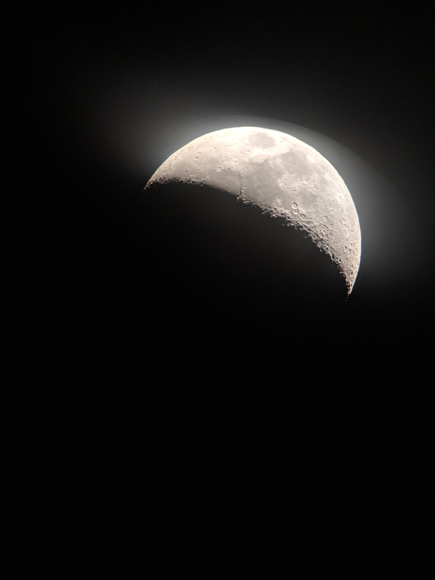 Just a boring old moon pic Taken w Google Pixel phone through a telescopein the middle of the Atacama Desert
