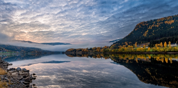 Just a sunrise over a lake next to a random highway in central Norway -shot handheld panorama 
