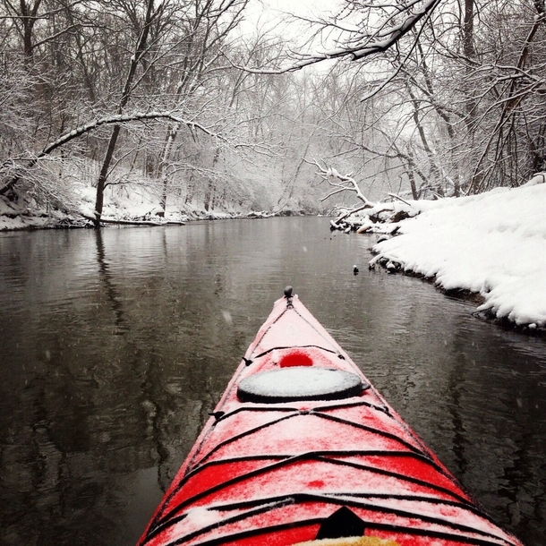 Just found this subreddit Took this picture last year while kayaking the Des Plaines River Illinois Cant wait for winter paddling this year 