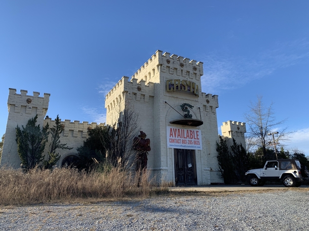 Just west of Charlotte NC abandoned video arcade castle  randomly I have picked this exit to stop for gas twice but never tried to get inside