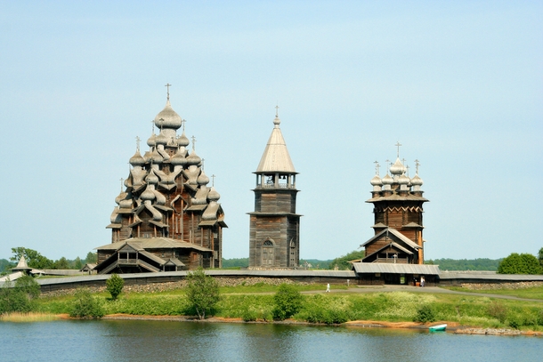 Kizhi Pogos Site in Russia The Church of the Transfiguration Bell Tower and The Church of the Intercession 