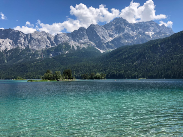 Lake Eibsee with the tallest mountain in Germany Zugspitze in the background Garmisch-Partenkirchen Germany 