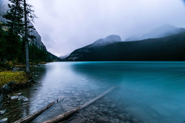 Lake Louise BANFF National Park during a bout of rain and hail 