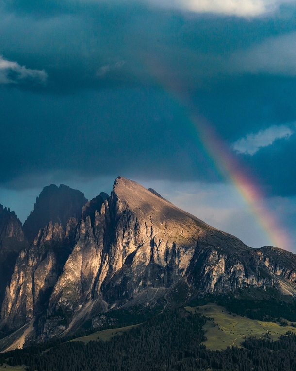 Last light before the storm in Alpe di Siusi in the Dolomites 