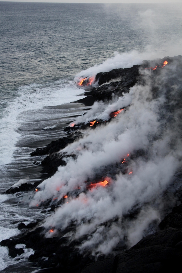 Lava going into water at Volcanoes National Park 