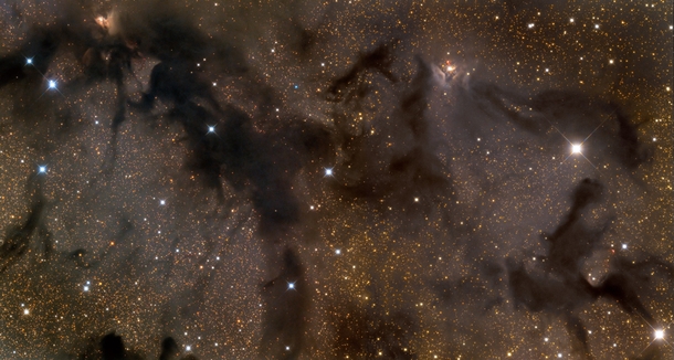 LDN  - A close-up of dust lanes in the Milky Way within the Aquila constellation This cloud complex is roughly  ly across and at  ly distant its about one moon-width in our sky  in comments