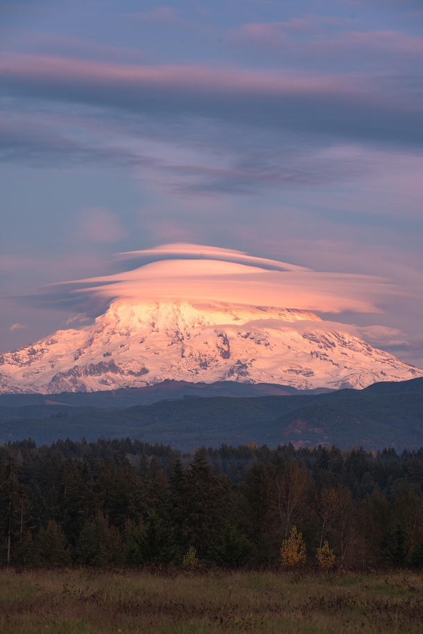 Lenticular clouds over Mount Rainier Washington 