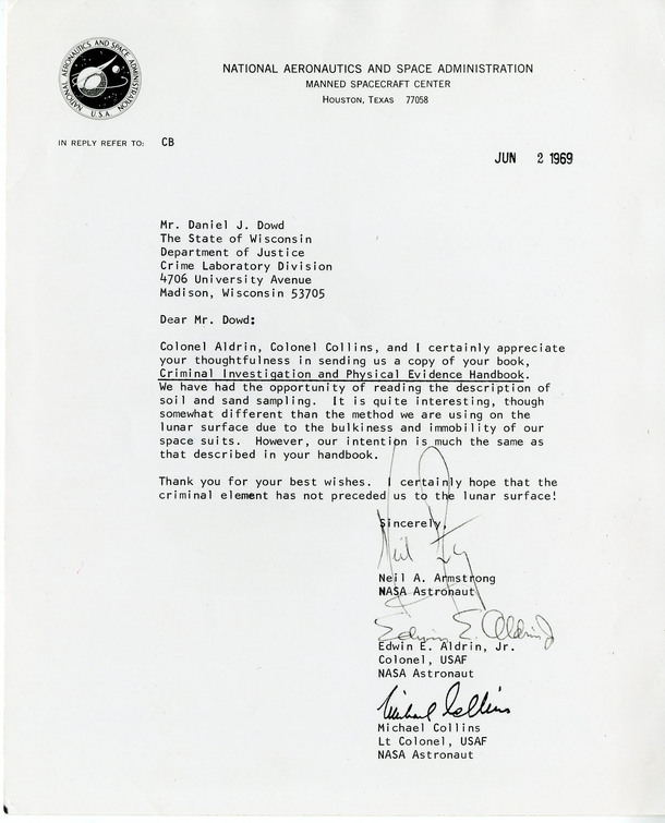 Letter from Armstrong Aldrin and Collins NASA to the WI Crime Lab  