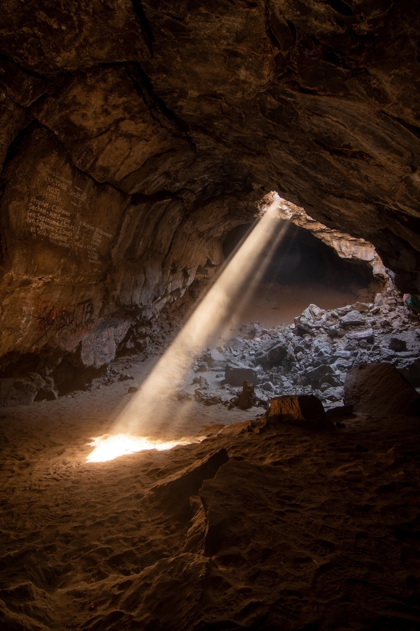 Light rays illumincating a volcanic cave in Northern California 