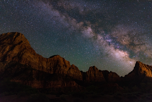 Like a Galactic volcano the Milky Way over the Watchmen Zion National Park Utah 