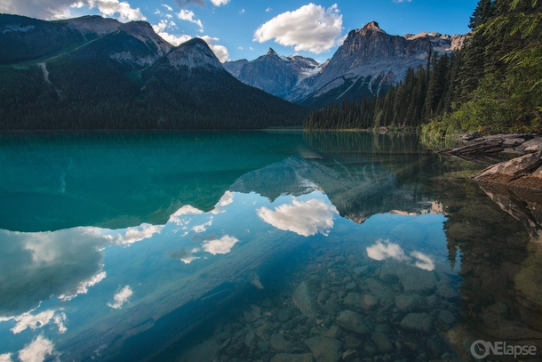 Like a mirror yet so clear you can see the bottom of Emerald Lake in BC Canada 