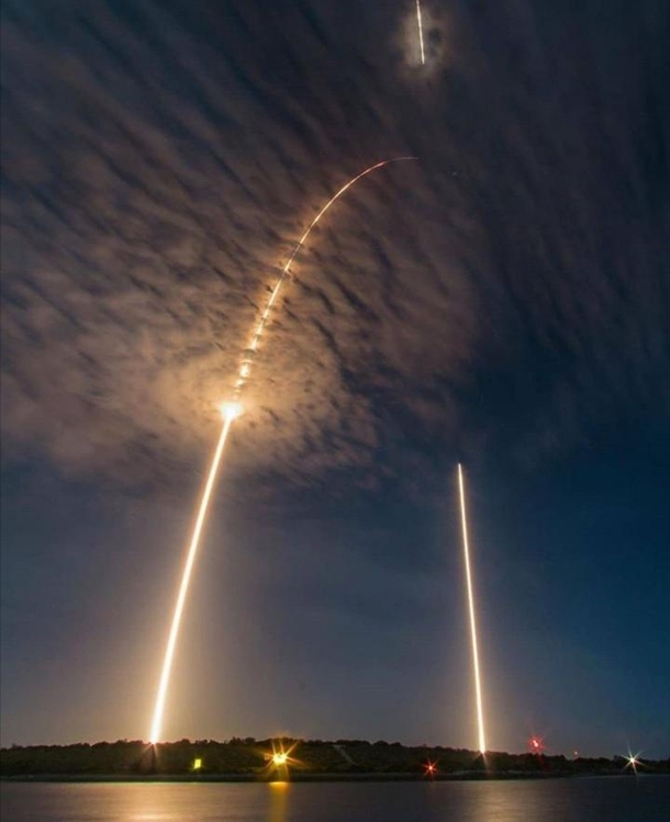 Long exposure shot of spaceX falcon  launch and landing