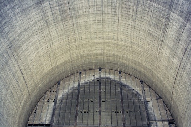 Looking down into an abandoned nuclear cooling tower 