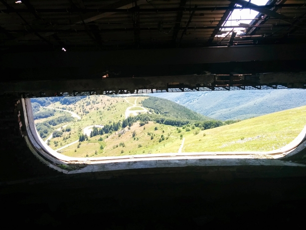 Looking out the window Buzludzha Monument Bulgaria